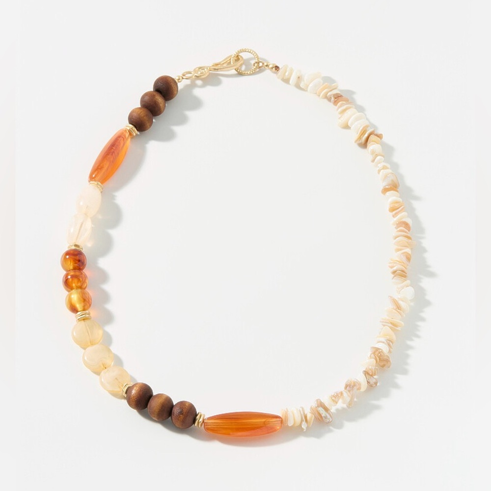 Boho Shell & Wood Beaded Necklace with Amber Tone Beads Gold Hook Clasp